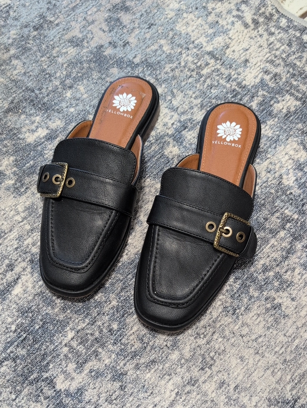 Yellow Box Black Slide Mules with Antiqued Buckle
